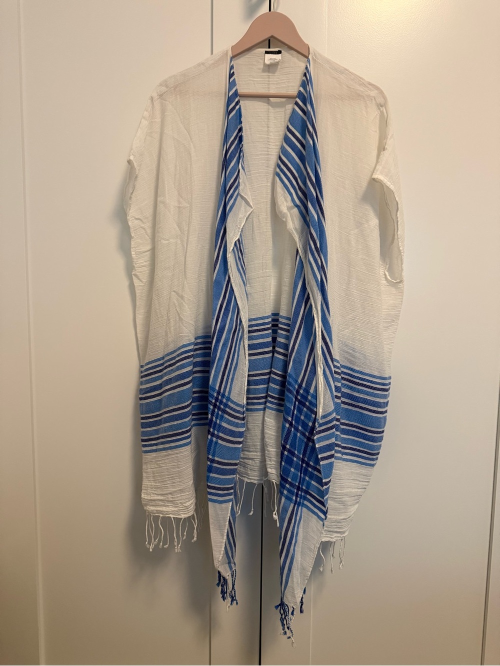 J. Crew White and Blue Striped Beach Kimono